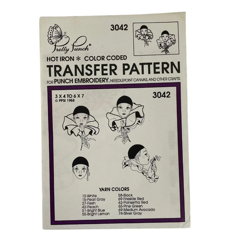 Pretty Punch Hot Iron Transfer Pattern‎ For Punch Embroidery Harlequin Clown Lot